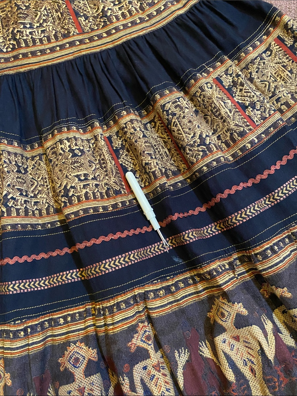 Vintage Rene Derhy Indian Tribal Print Tiered Rayon Maxi Skirt - Picture 6 of 6